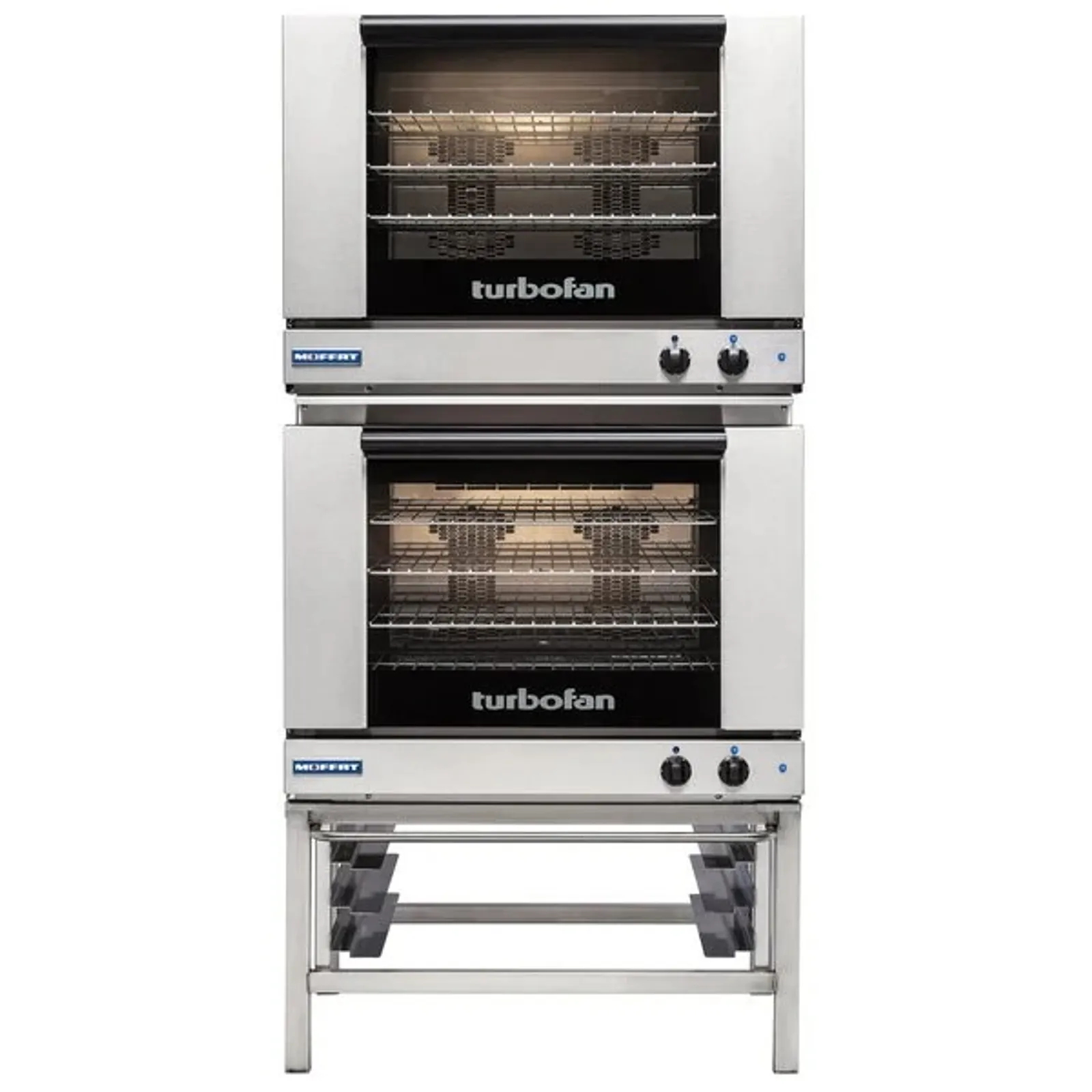 Turbofan E28M4/2 - Full Size Tray Manual Electric Convection Ovens Double Stacked with Adjustable Feet Base Stand