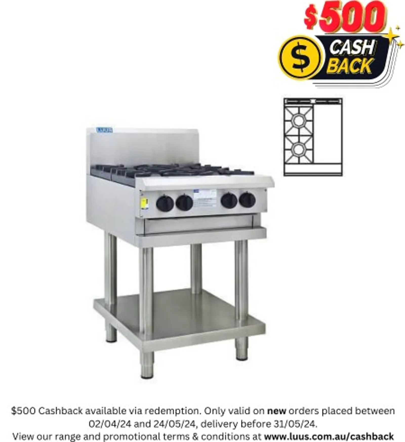 LUUS CS-2B3P - 2 Burners + 300 Wide Griddle Cooktop