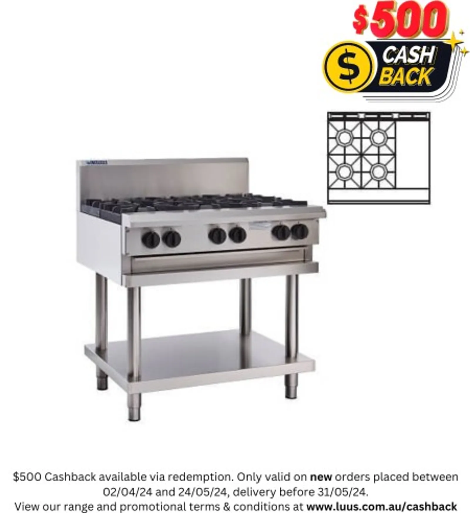 LUUS CS-4B3P - 4 Burner + 300 Wide Griddle Cooktop