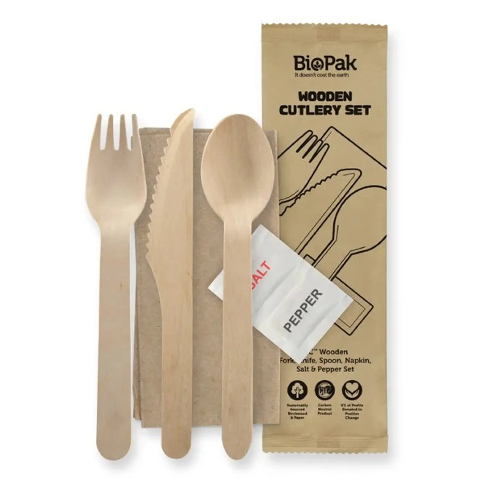 BioPak HY-16KFSNSP - 16cm Wood Knife, Fork, Spoon, Napkin, Salt & Pepper Set