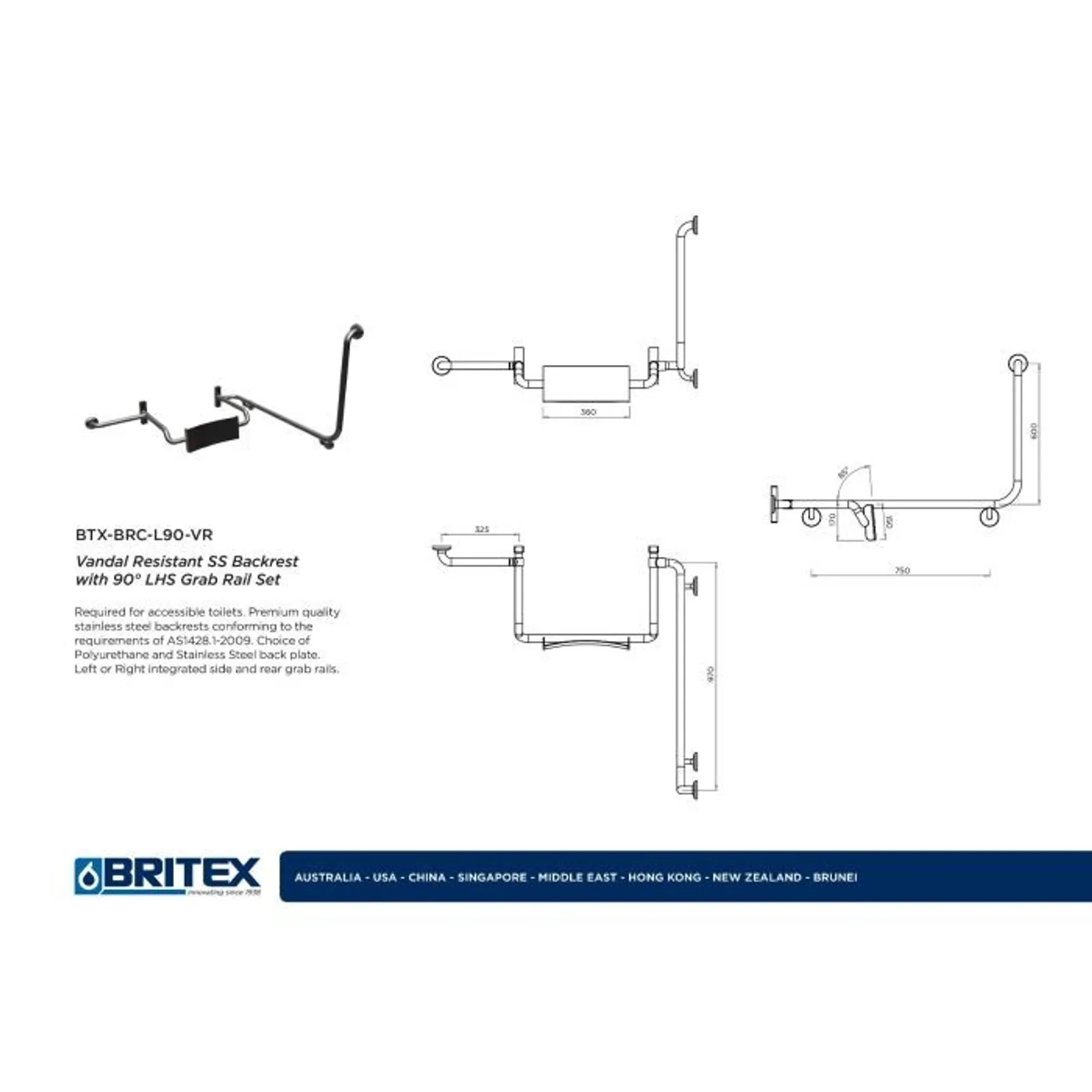 Britex BTX-BRC-L90-VR - Vandal Resistant SS Backrest with 90° LHS Grab Rail Set