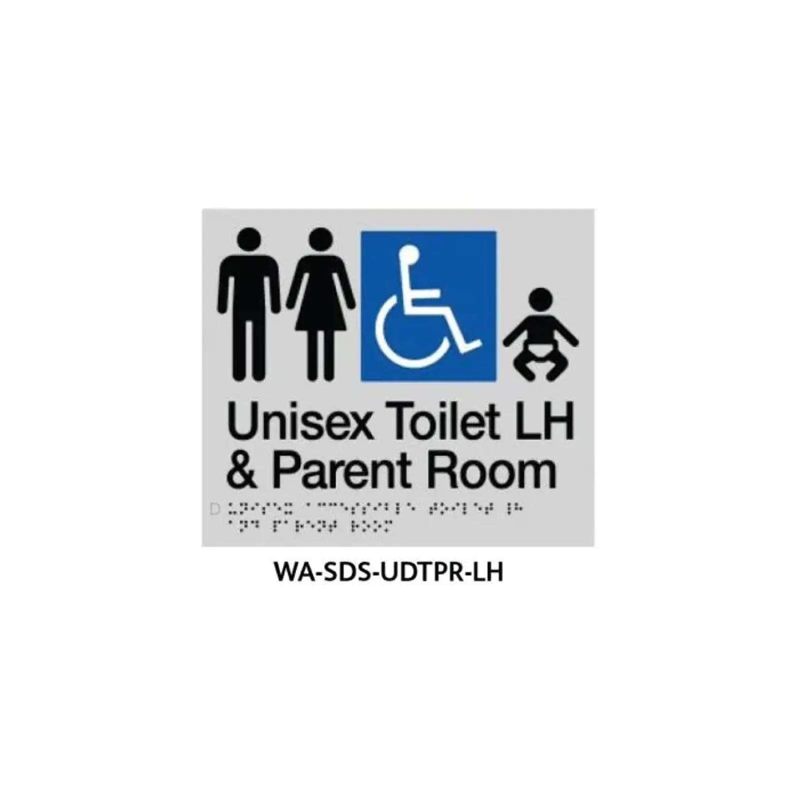 3Monkeez WA-SDS-UDTPR-LH - Braille Sign Unisex Disabled Toilet and Parent Room LHS (Silver)