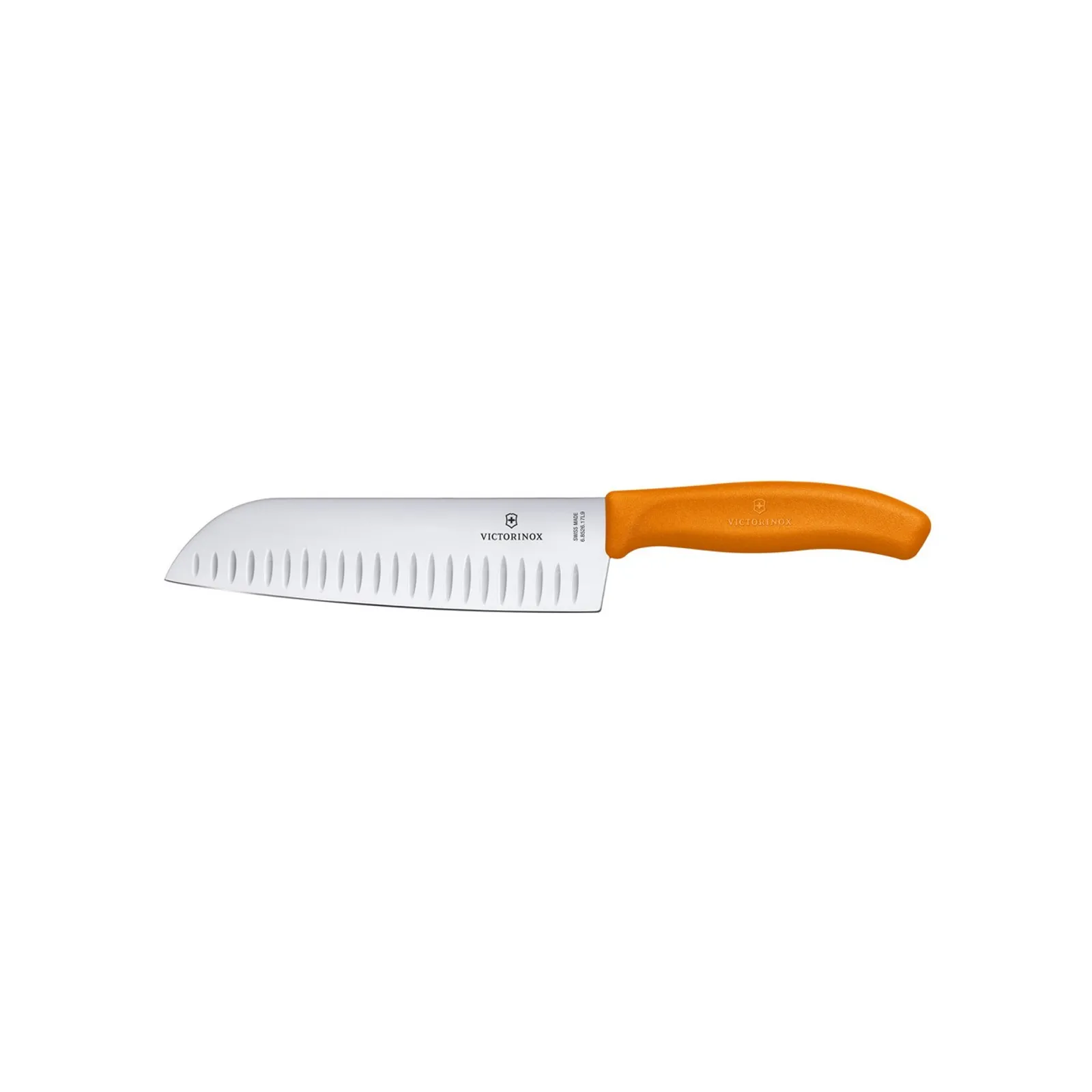 Victorinox 6.8526.17L9B - Santoku Knife, 17cm, Fluted Wide Blade, Classic, Orange, Blister