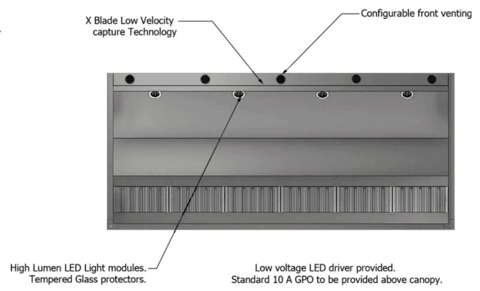 Xtractair XLV-6014 - Low Velocity Commercial Kitchen Exhaust Canopy (6000W x 1400D x 600H)