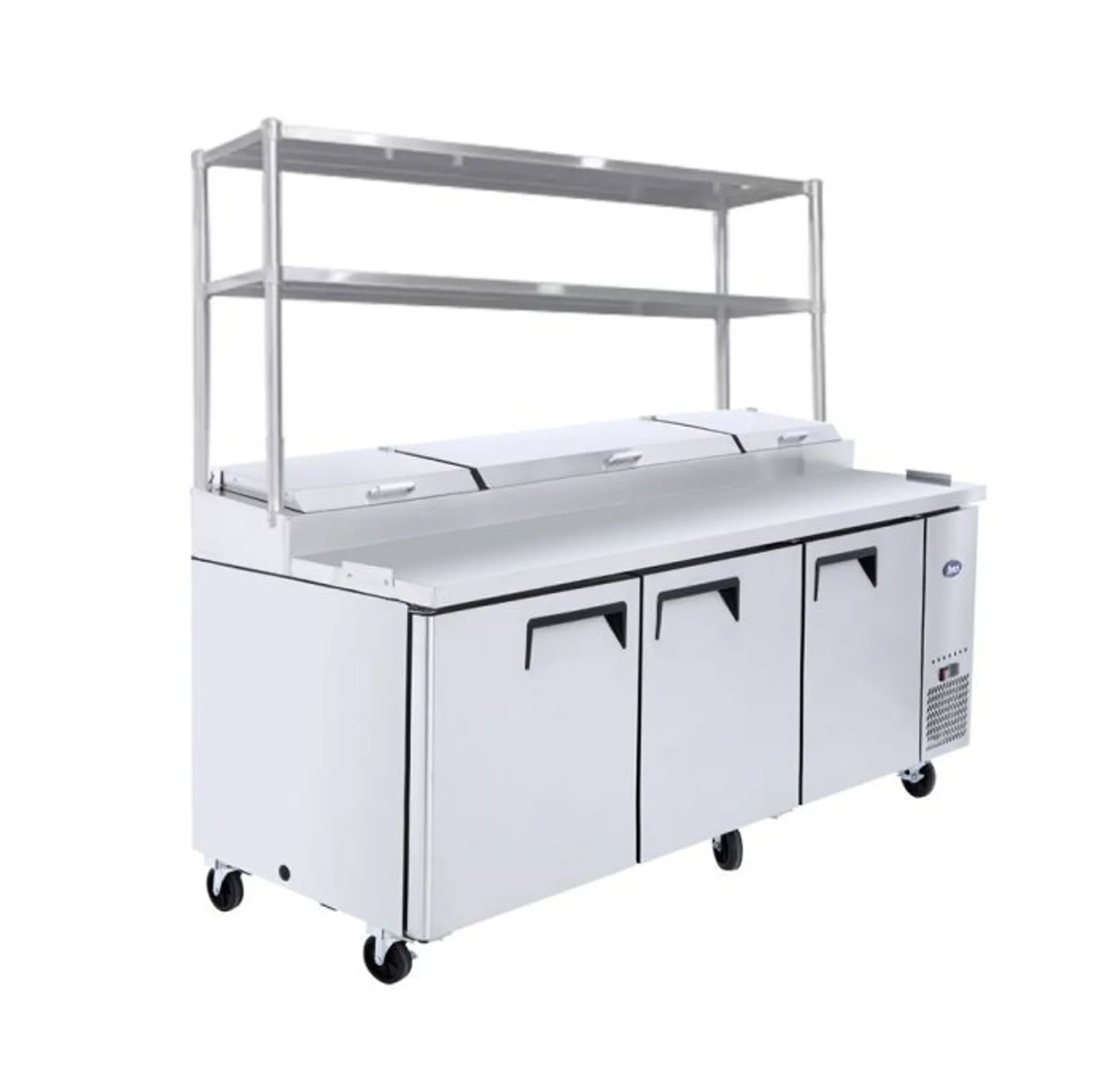 Atosa MPF8203OS - 3 Door Pizza Prep Table Fridge with Over Shelf