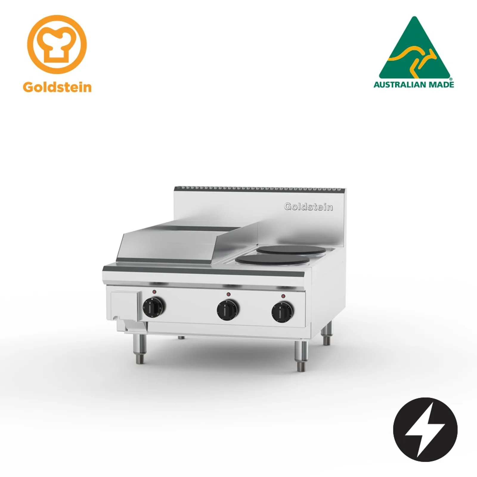 Goldstein PEB12G2S-X - Electric Cooktop, 2 Solid Plates & 289mm Griddle