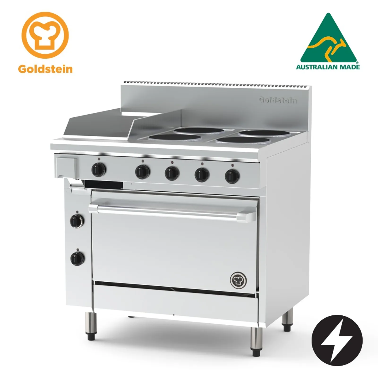 Goldstein PE12G4S28-X - Electric Oven Range, 4 Solid Plates, 289mm Griddle, Static Oven