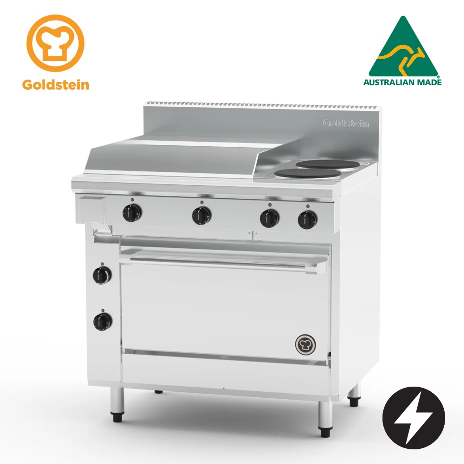 Goldstein PE24G2S28FF-X Electric Oven Range, 2 Solid Plates, 605mm Griddle, Fan Forced Oven