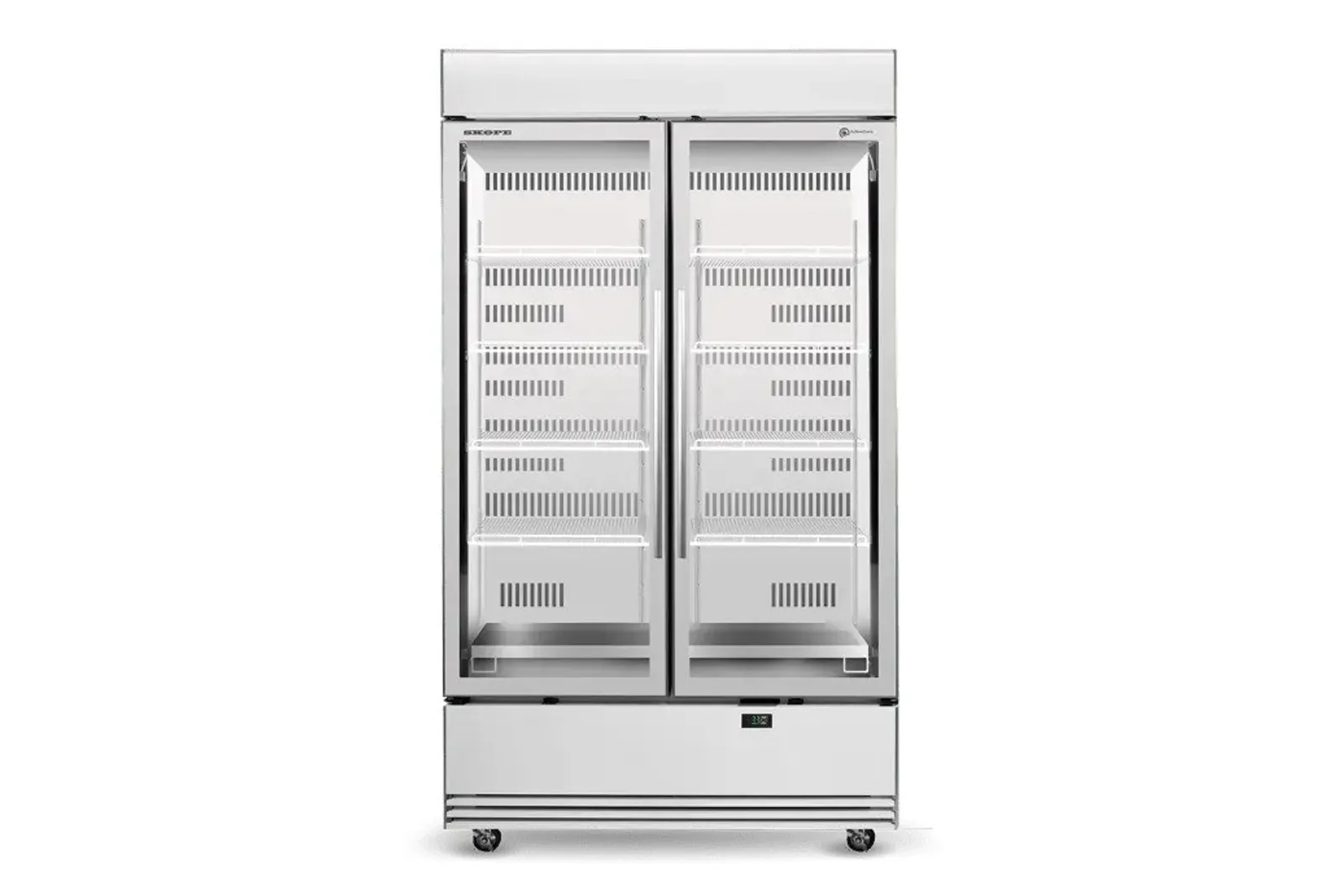 SKOPE BME1200N-AC ActiveCore - 2 Upright Glass Door Fridge, Lit Sign, White/White