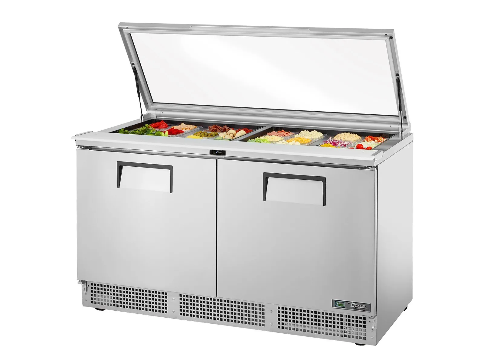 True Refrigeration TFP-64-24M-FGLID-HC - Glass Lid Prep Table, 24x 1/6 Top Pans, 2 Solid Swing Doors