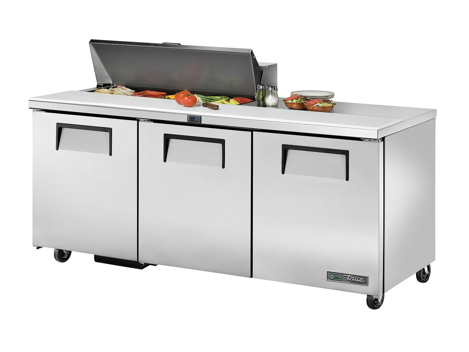 True Refrigeration TSSU-72-10-HC - Prep Table, 10x 1/6 Top Pans, 3 Solid Swing Doors