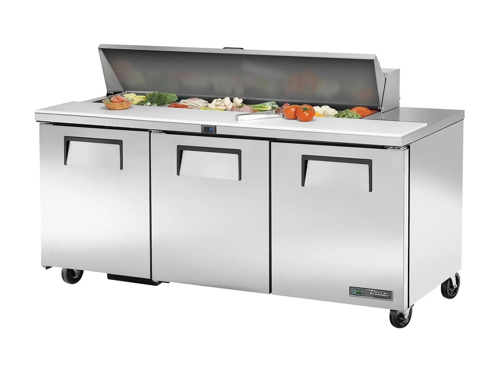 True Refrigeration TSSU-72-16-HC - Prep Table, 16x 1/6 Top Pans, 3 Solid Swing Doors