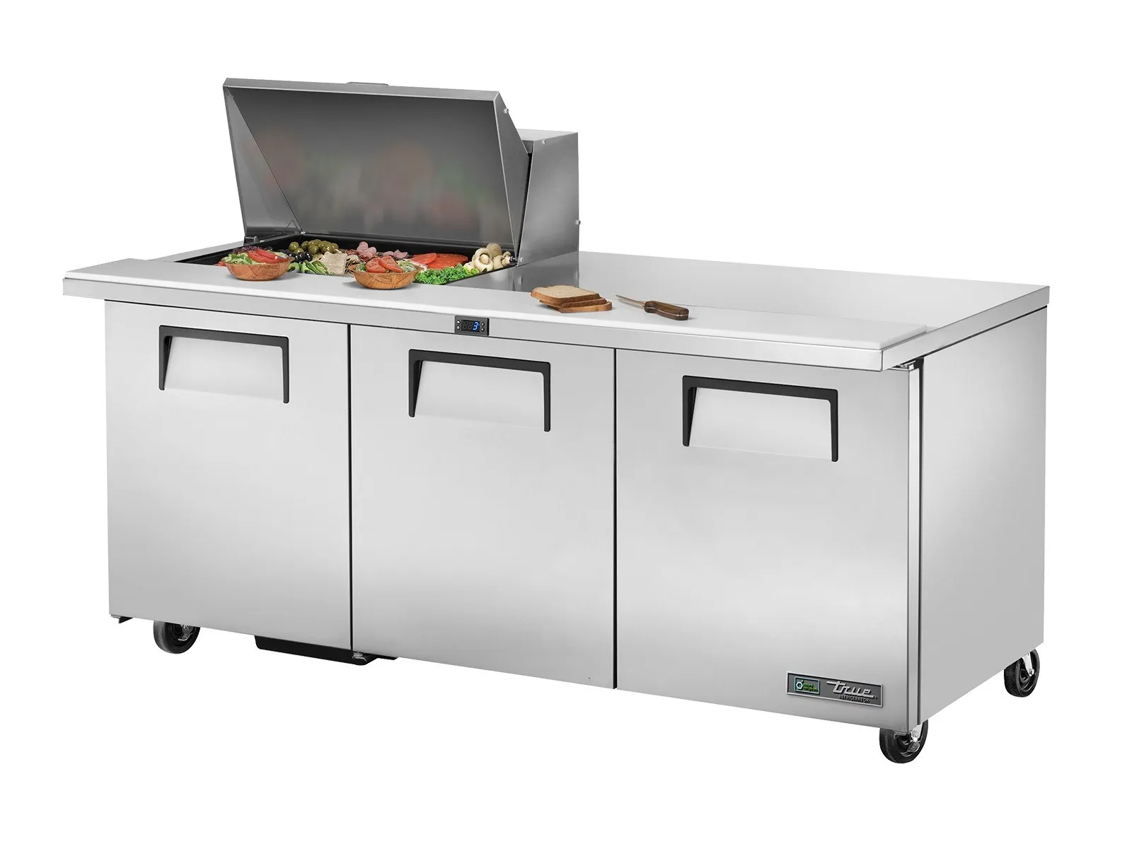 True Refrigeration TSSU-72-12M-B-HC - Prep Table, 12x 1/6 Top Pans, 3 Solid Swing Doors