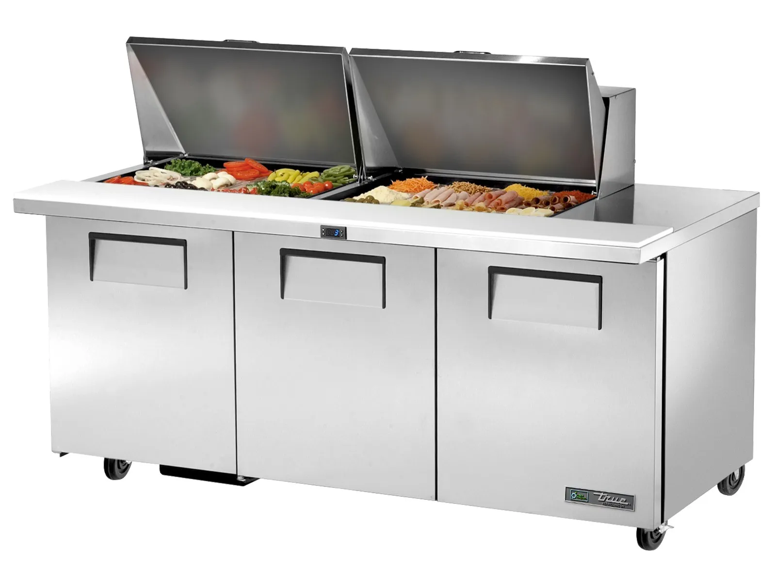 True Refrigeration TSSU-72-24M-B-ST-HC - Prep Table, 24x 1/6 Top Pans, 3 Solid Swing Doors