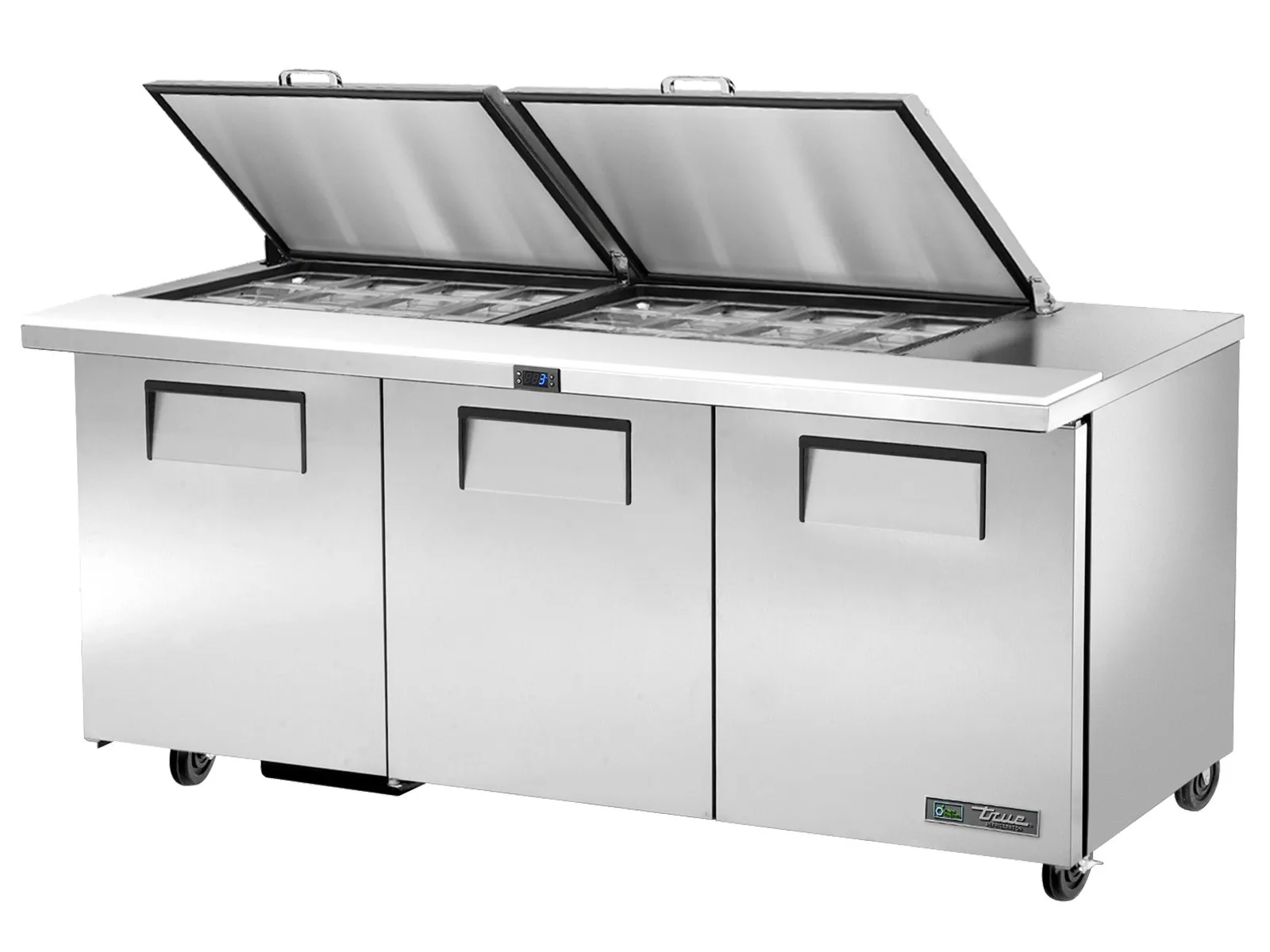 True Refrigeration TSSU-72-24M-B-ST-HC FLID - Prep Table, 24x 1/6 Top Pans, 3 Solid Swing Doors, Removable lids