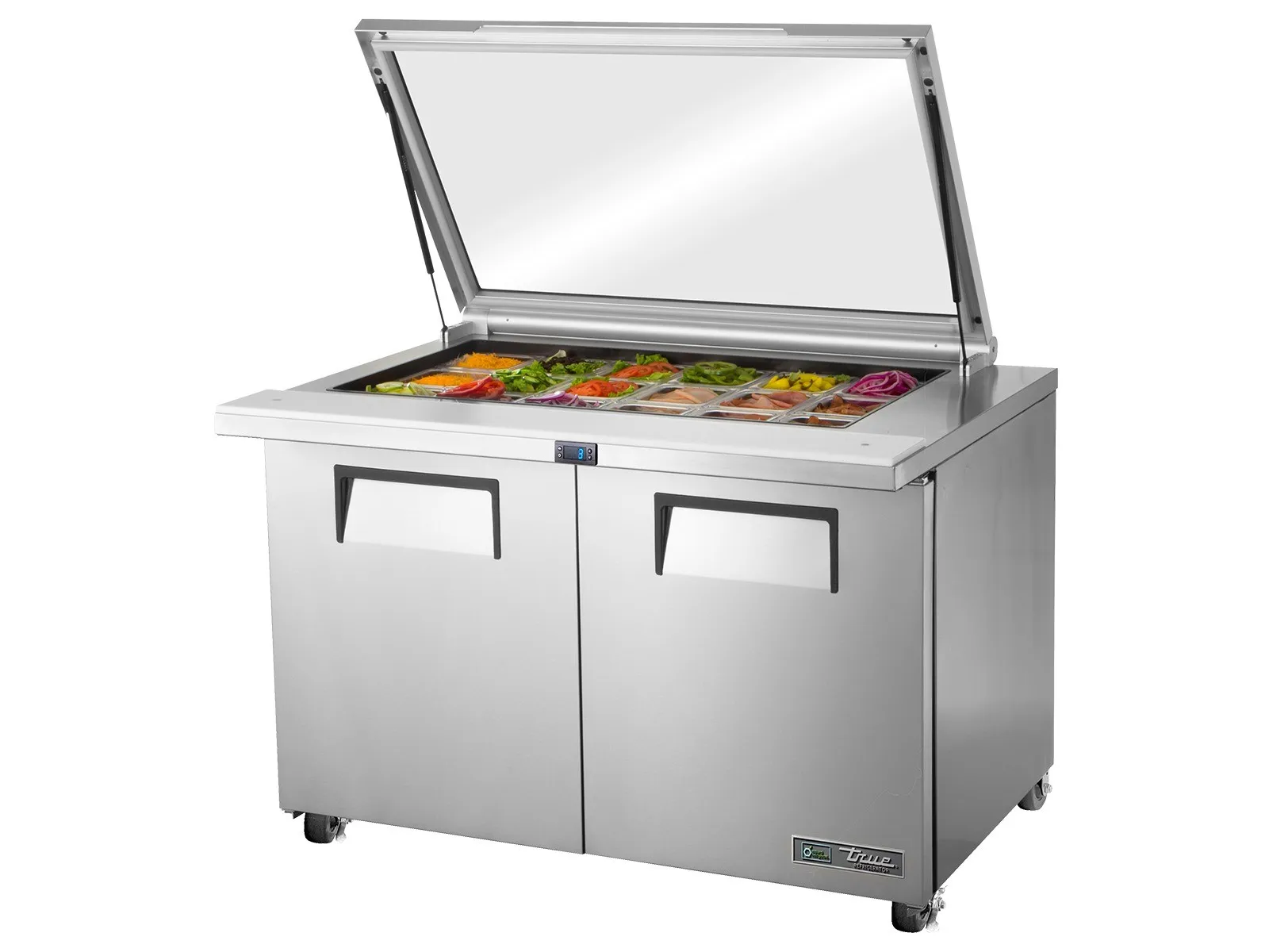 True Refrigeration TSSU-48-18M-B-FGLID-HC - Glass Lid Prep Table, 18x 1/6 Top Pans, 2 Solid Swing Doors