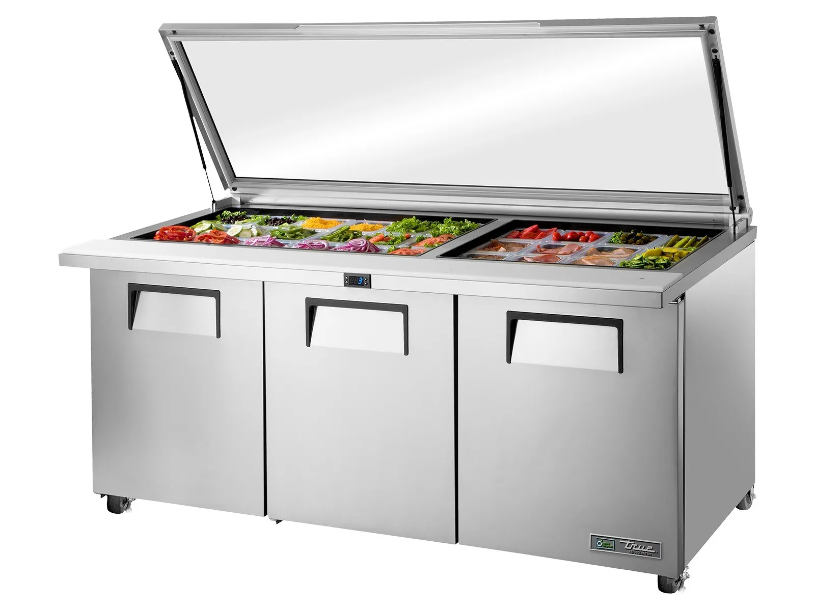 True Refrigeration TSSU-72-30M-B-ST-FGLID-HC - Glass Lid Prep Table, 30x 1/6 Top Pans, 3 Solid Swing Doors