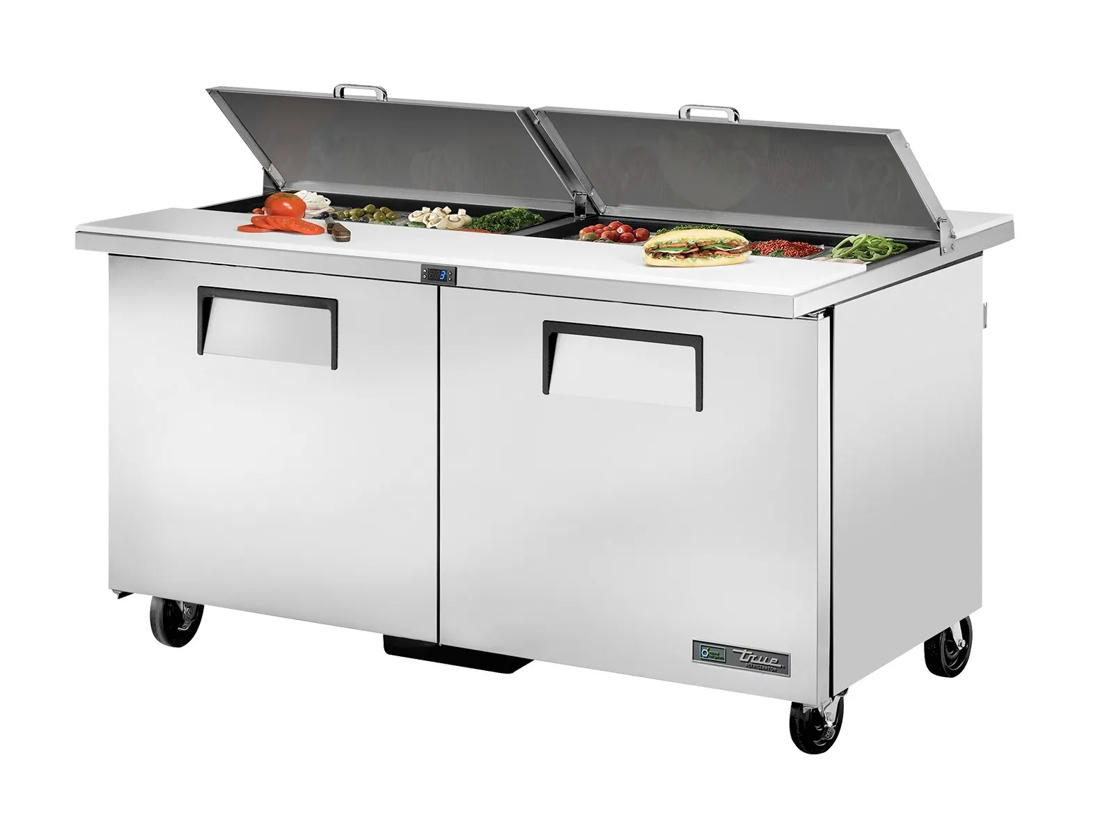 True Refrigeration TSSU-60-24M-B-DS-ST-HC - Dual-Sided Prep Table, 24x 1/6 Top Pans, 2 Solid Swing Doors