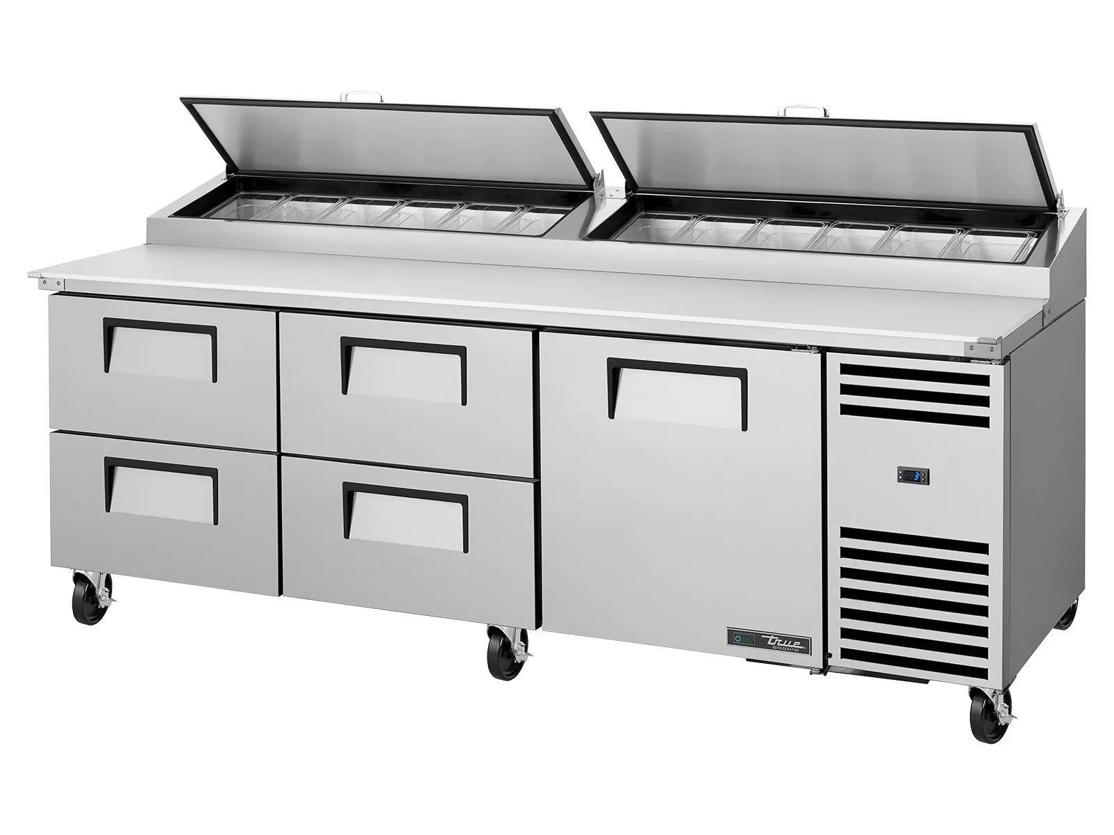 True Refrigeration TPP-AT2-93D-4-HC - Pizza Prep Table, 12x 1/3 Top Pans, 4 Drawers + 1 Solid Swing Door