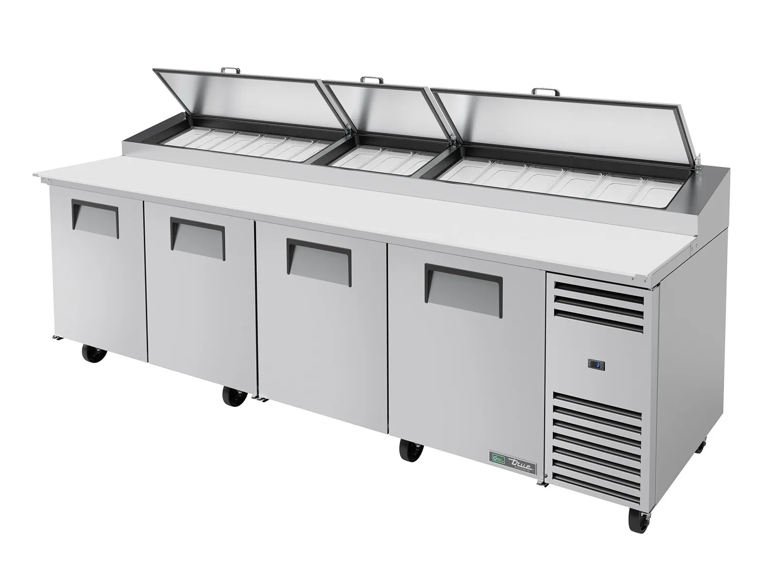 True Refrigeration TPP-AT-119-HC - Pizza Prep Table, 15x 1/3 Top Pans, 4 Solid Swing Doors
