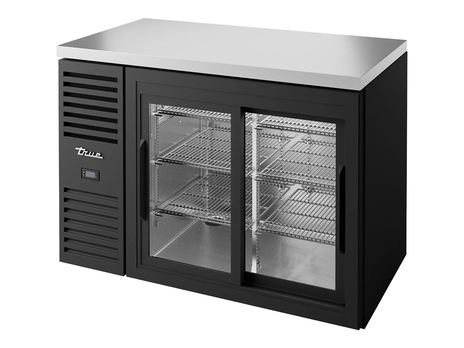 True Refrigeration TBR48-RISZ1-L-B-11-2 - Bar Refrigerator, Black Ext, 2 Glass Slide Doors